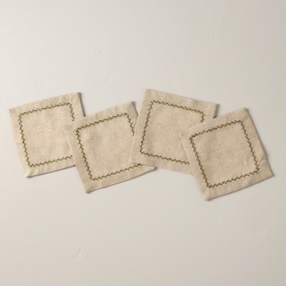 Set of 4 Embroidered Border Cloth Cocktail Napkins Natural/Green - Hearth & Hand